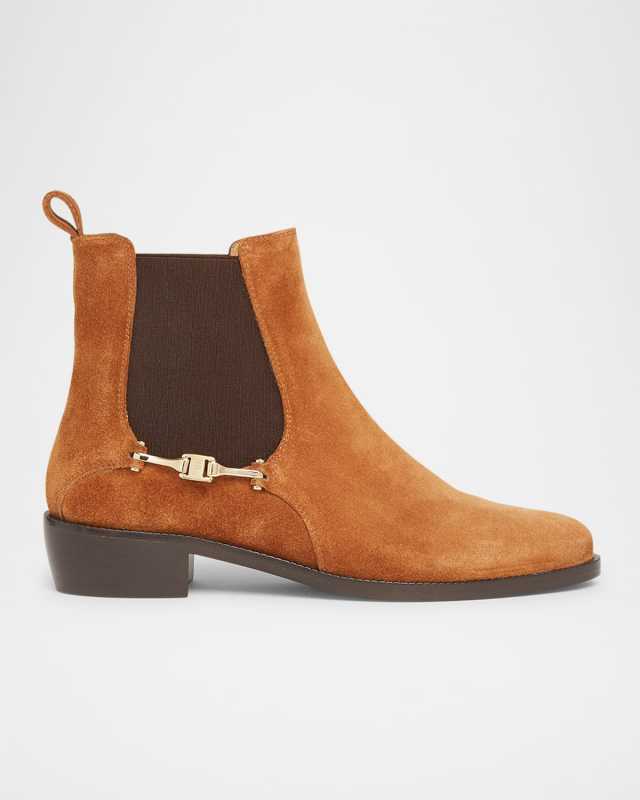 Suede Metal-Strap Chelsea Booties